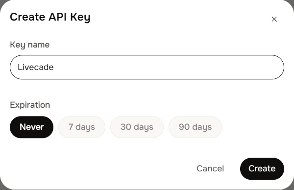 The Create API Key window with the name Livecade and Never selected as expiration