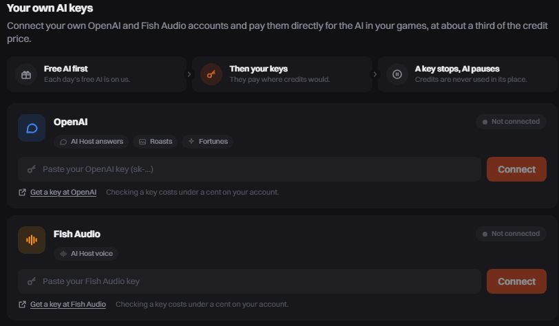 Settings, AI in the Livecade dashboard with an OpenAI card and a Fish Audio card, each with a key field and a Connect button