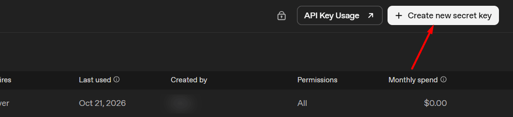 The OpenAI API keys page with the Create new secret key button in the top right