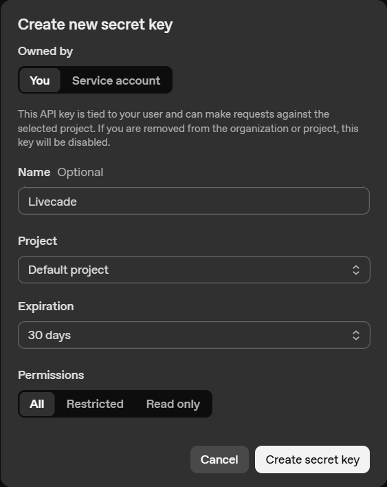 The Create new secret key window with the name Livecade and Permissions set to All
