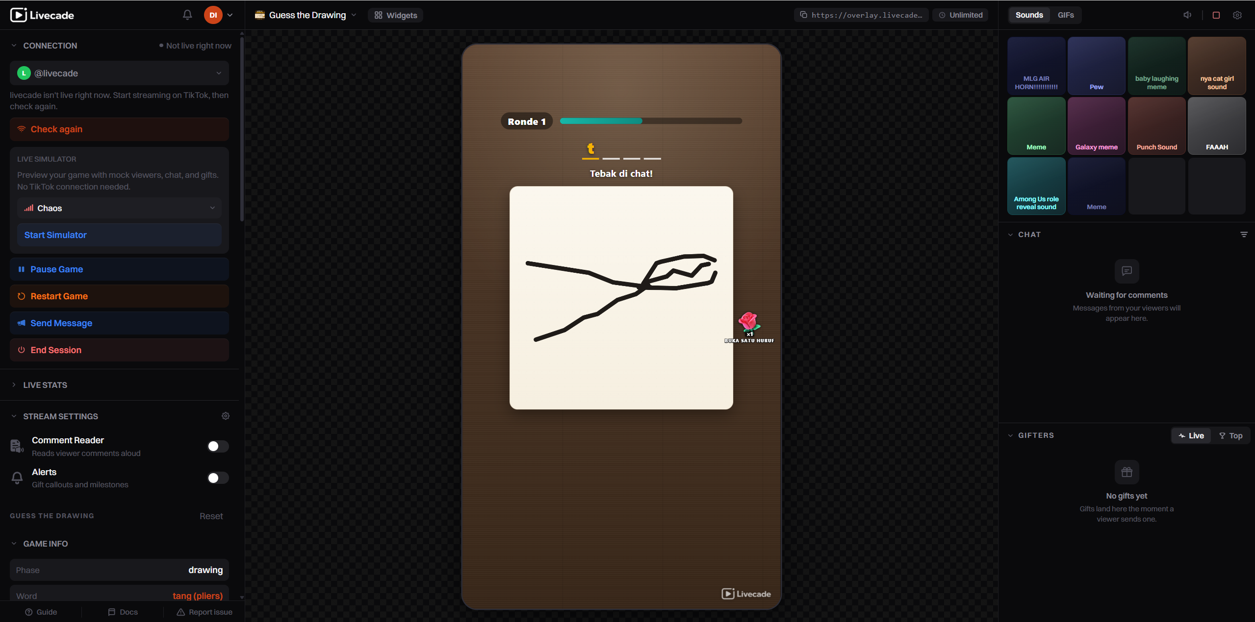Livecade dashboard with the Overlay URL button at the top right of the preview