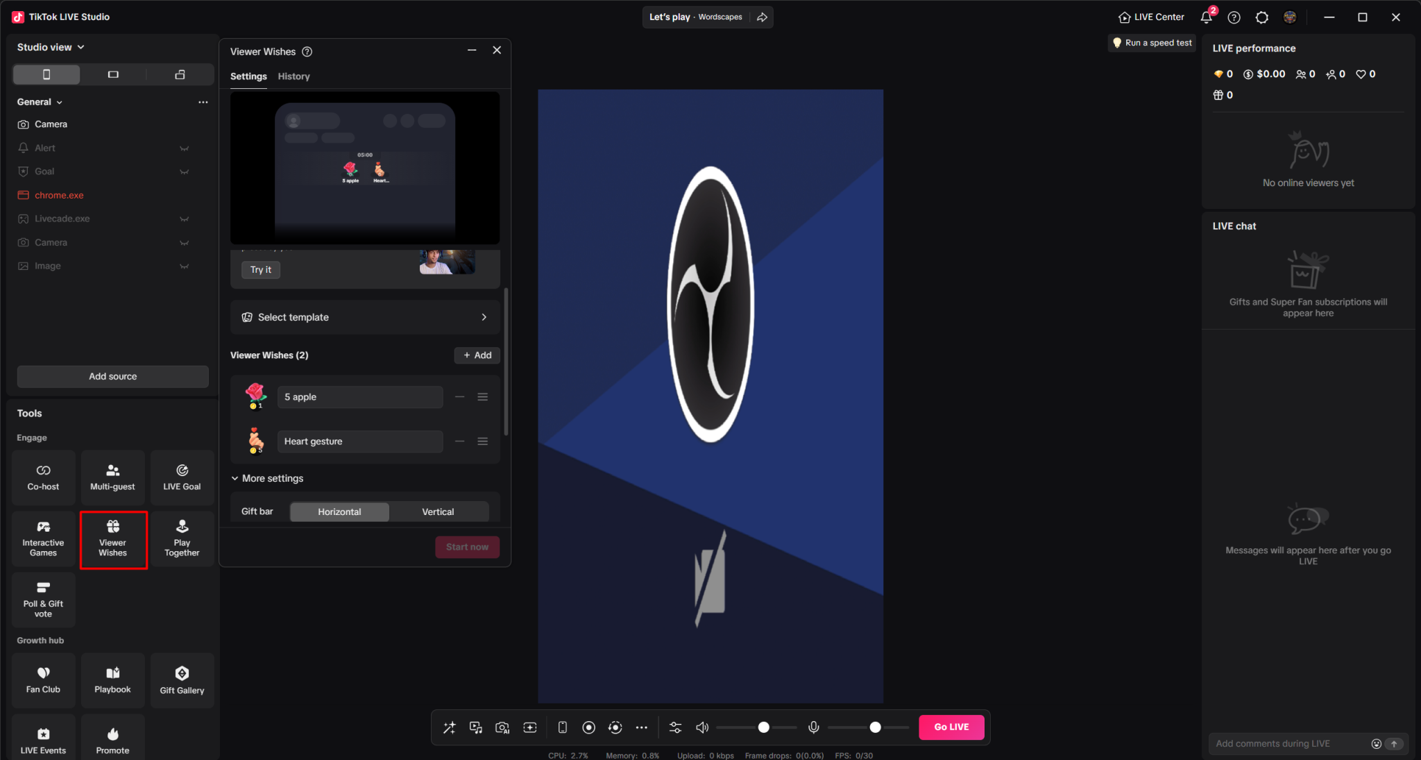 TikTok LIVE Studio with Viewer Wishes open under Tools, showing two wishes and the gift bar layout options