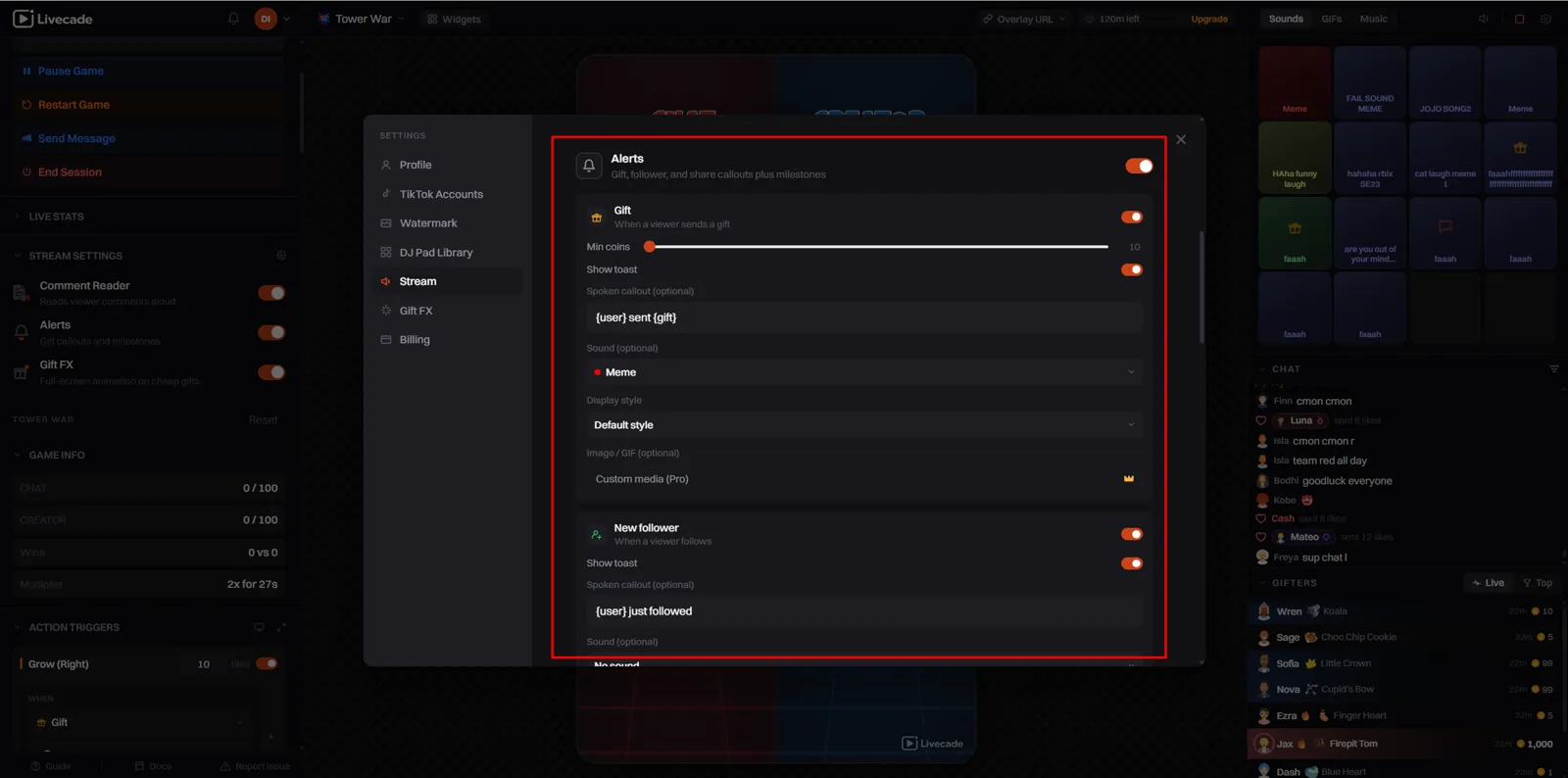 The alerts settings panel with gift and new follower rules