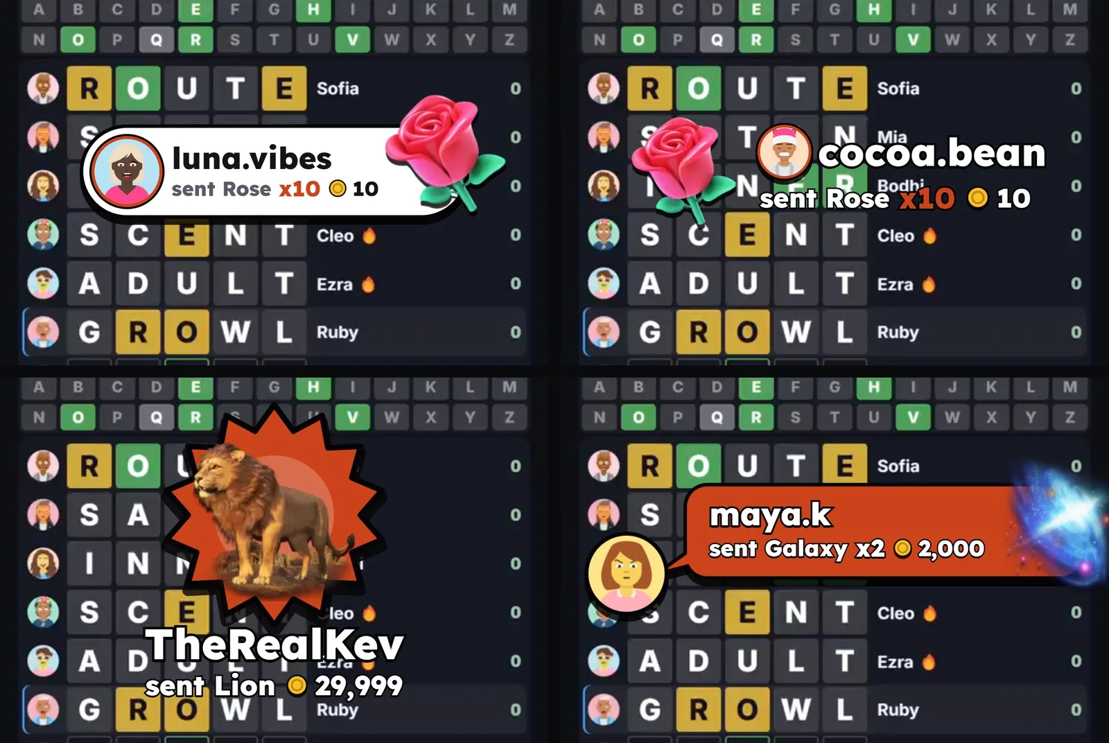 The four alert looks over a game: a Sticker pill, Clear outlined text, a Burst starburst with a Lion, and a Bubble growing from a viewer picture