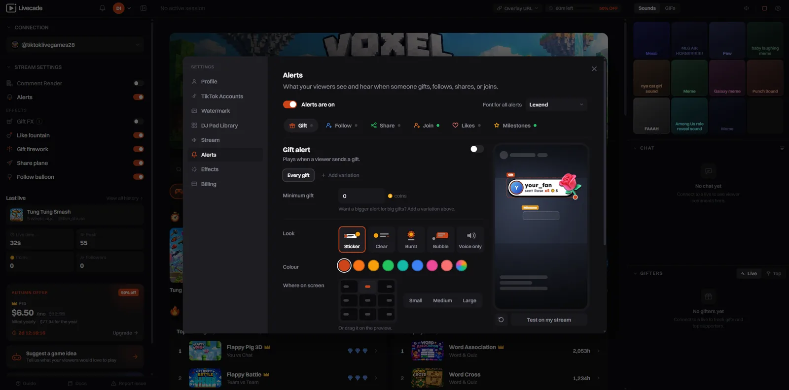 The Alerts settings on the Gift tab with minimum gift, look, color, and position, and a live preview