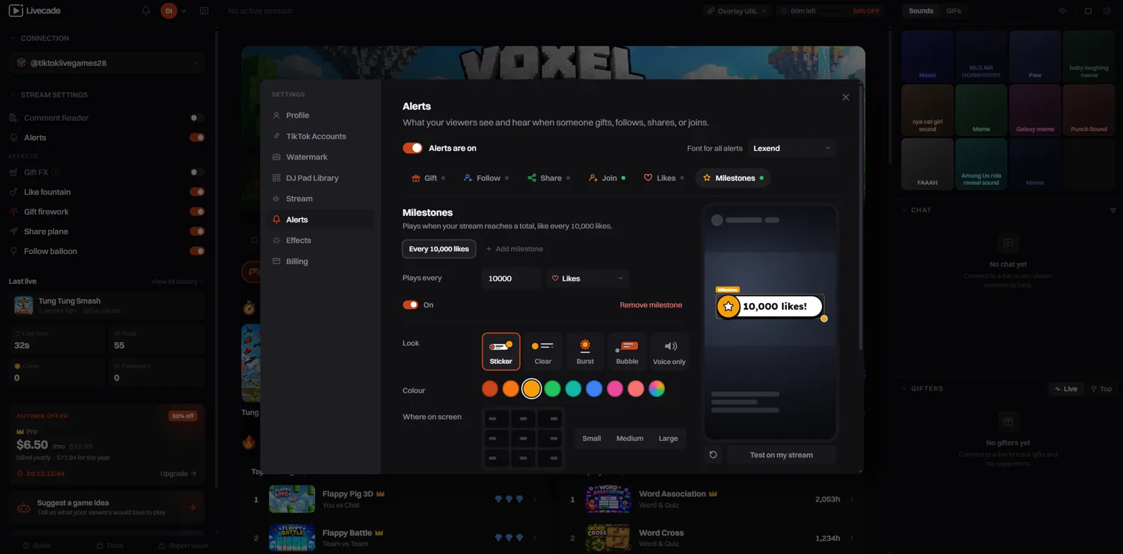 The Milestones settings with a milestone every 10,000 likes and its preview