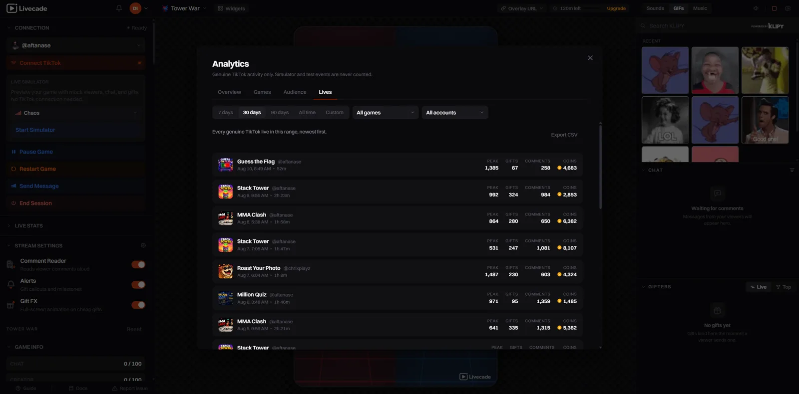 The lives tab listing individual streams with their stats