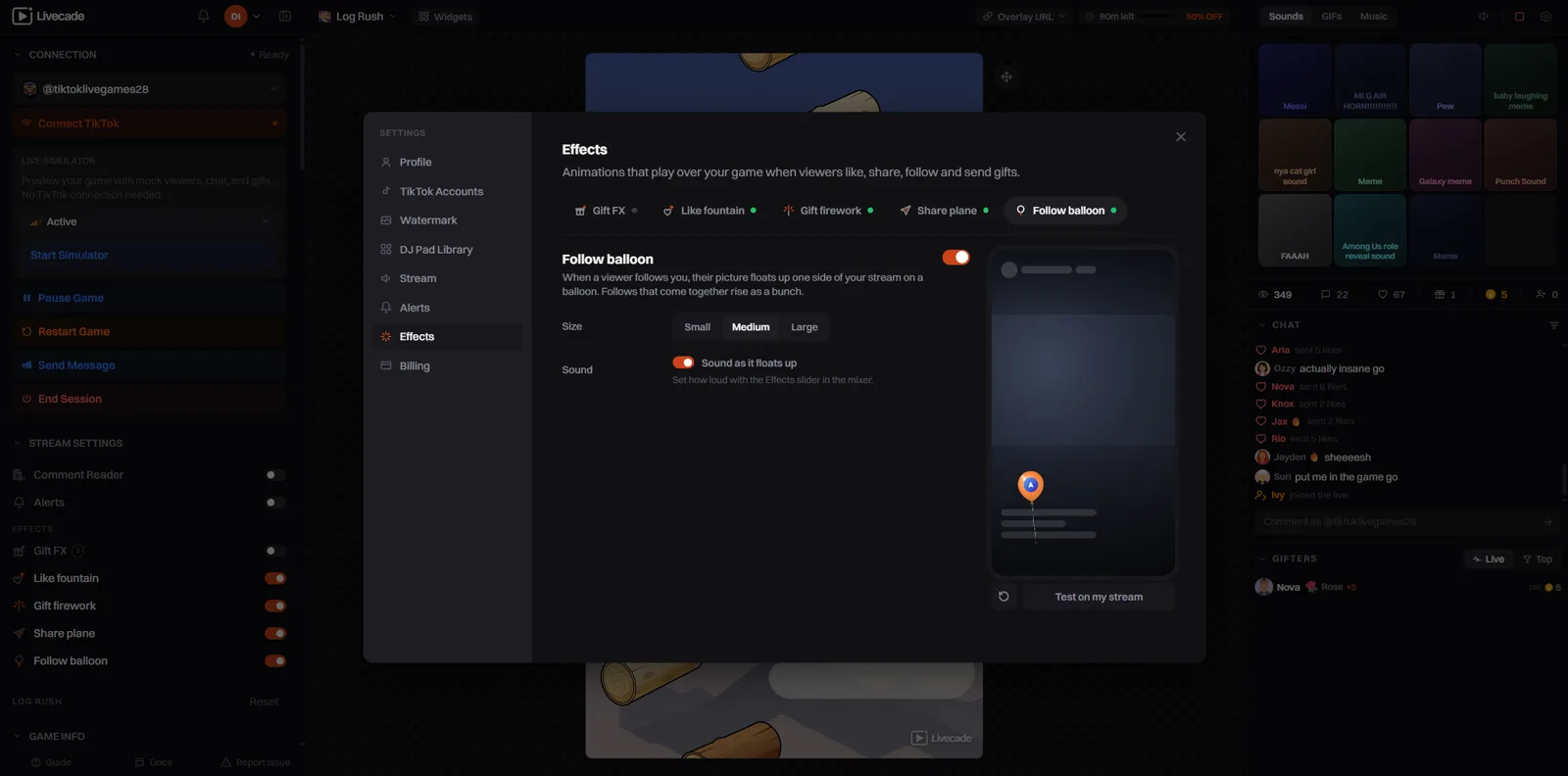 The Follow balloon settings with size and sound, and a balloon in the live preview