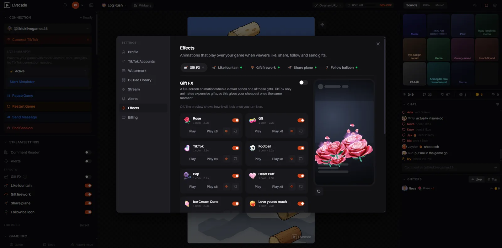 The Effects settings on the Gift FX tab, listing gifts with their own switch, sound and preview