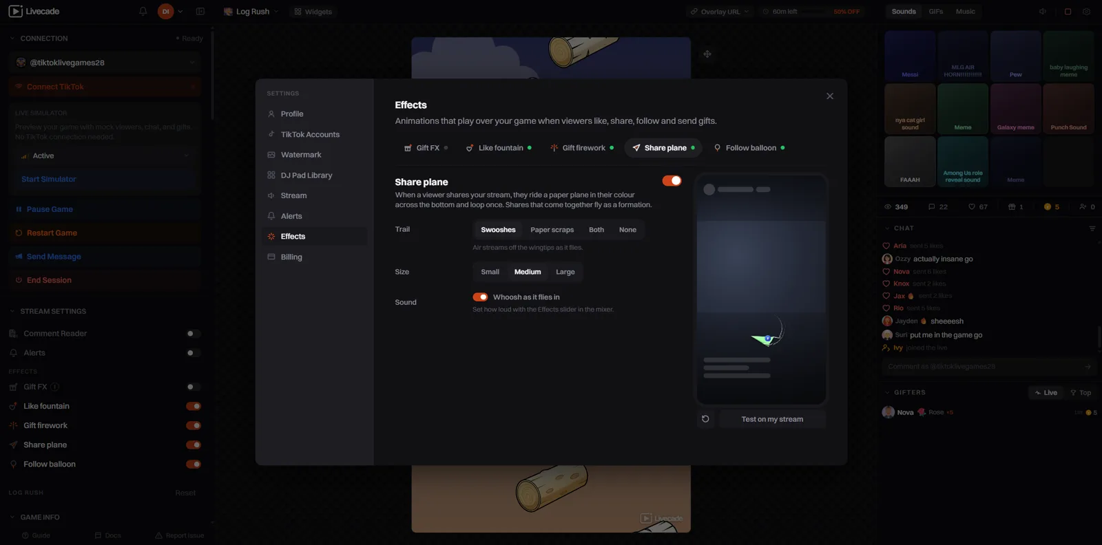 The Share plane settings with trail, size and sound, and a plane in the live preview