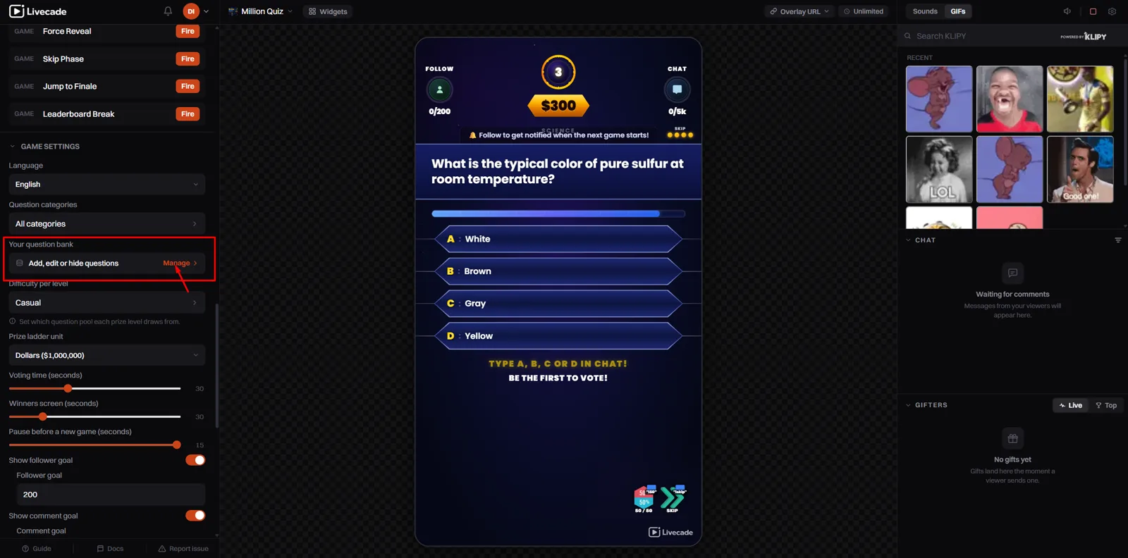 The link to your question bank inside a game settings panel