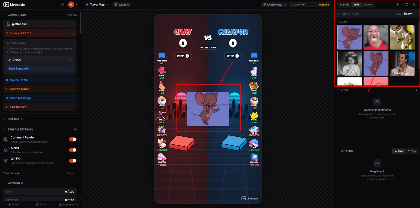 The GIF search grid in the dashboard right panel