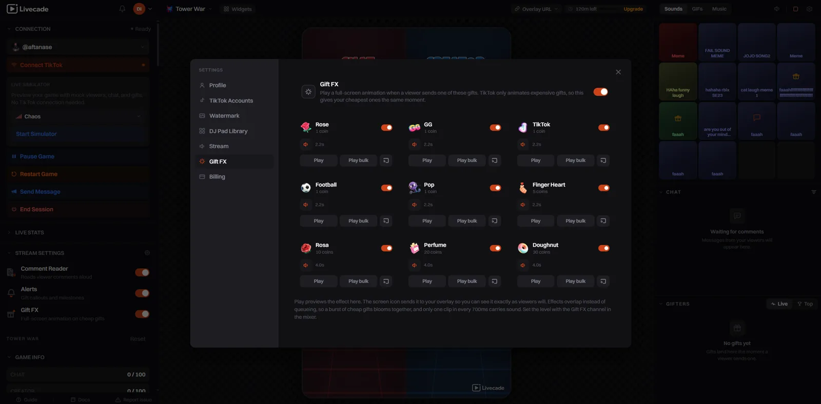 The Gift FX settings tab showing the gift list with enable and sound toggles