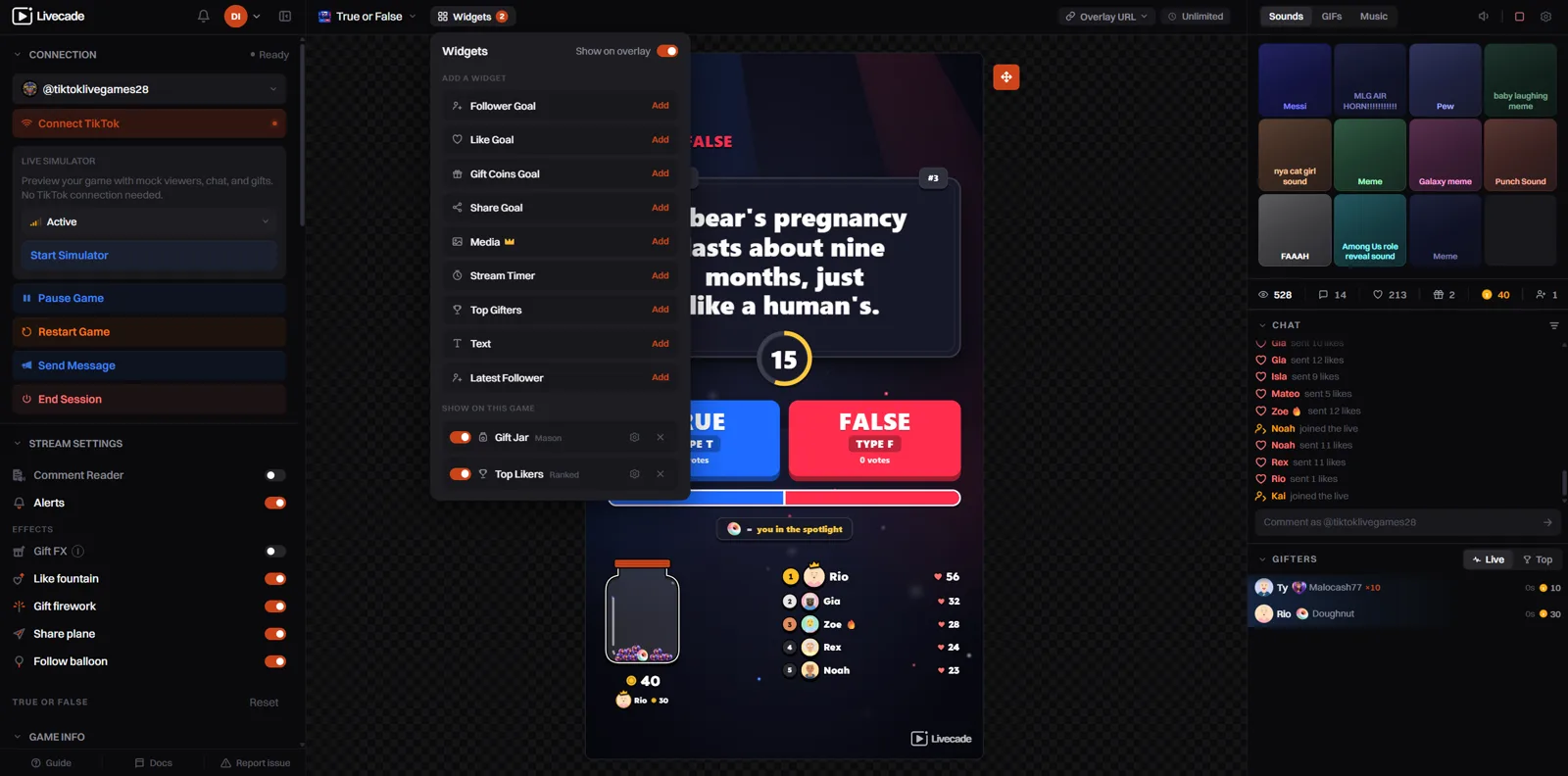 The Widgets panel listing every widget to add, with the widgets shown on this game below